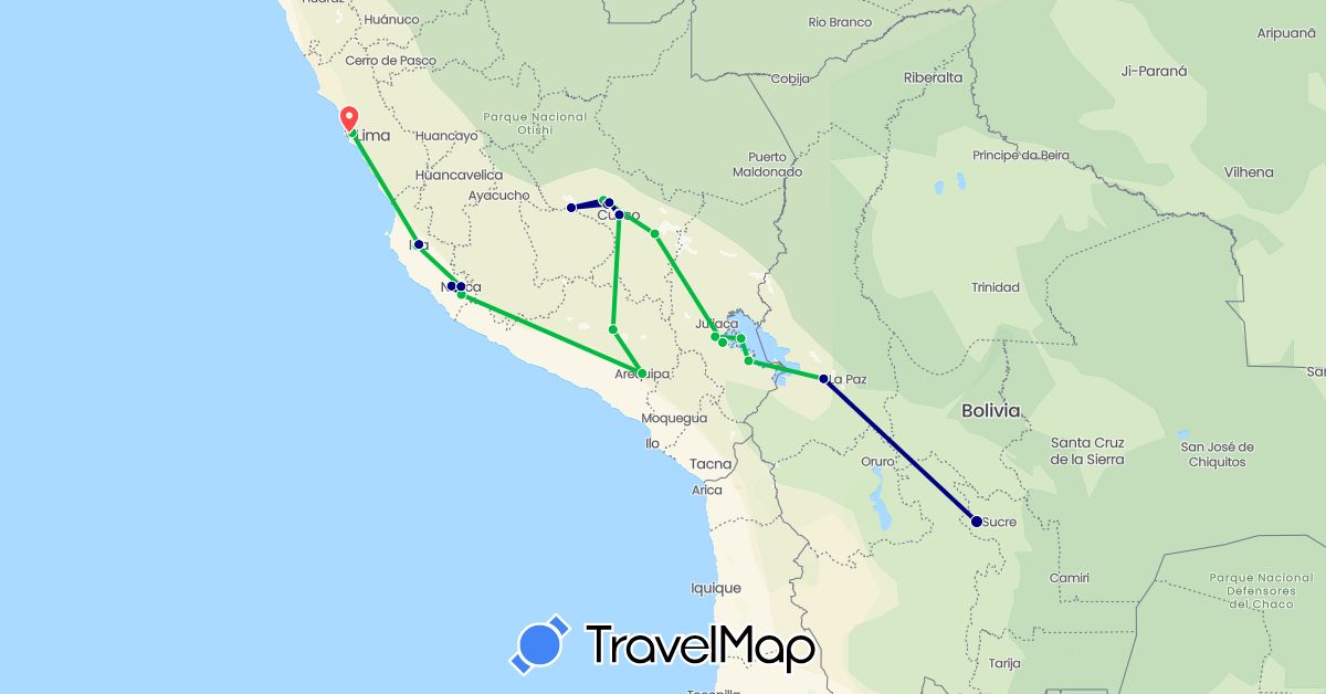 TravelMap itinerary: driving, bus, plane, hiking in Bolivia, Peru (South America)