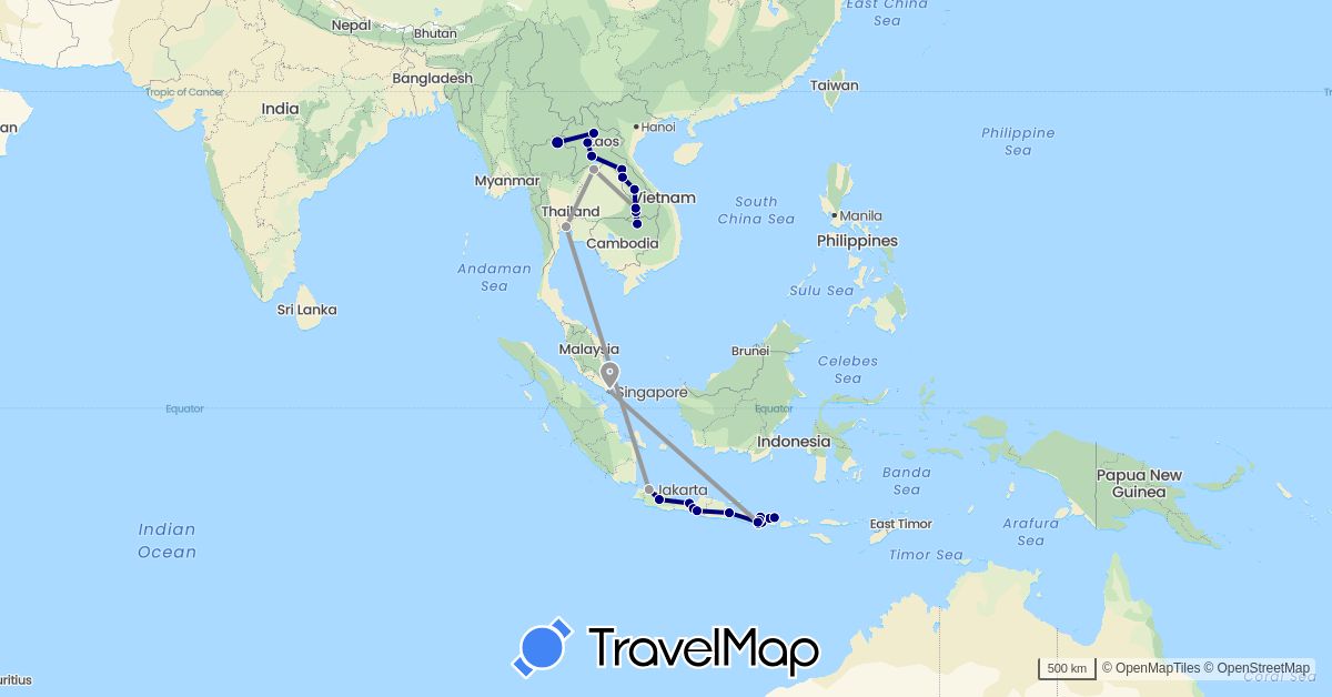 TravelMap itinerary: driving, plane in Indonesia, Laos, Singapore, Thailand (Asia)